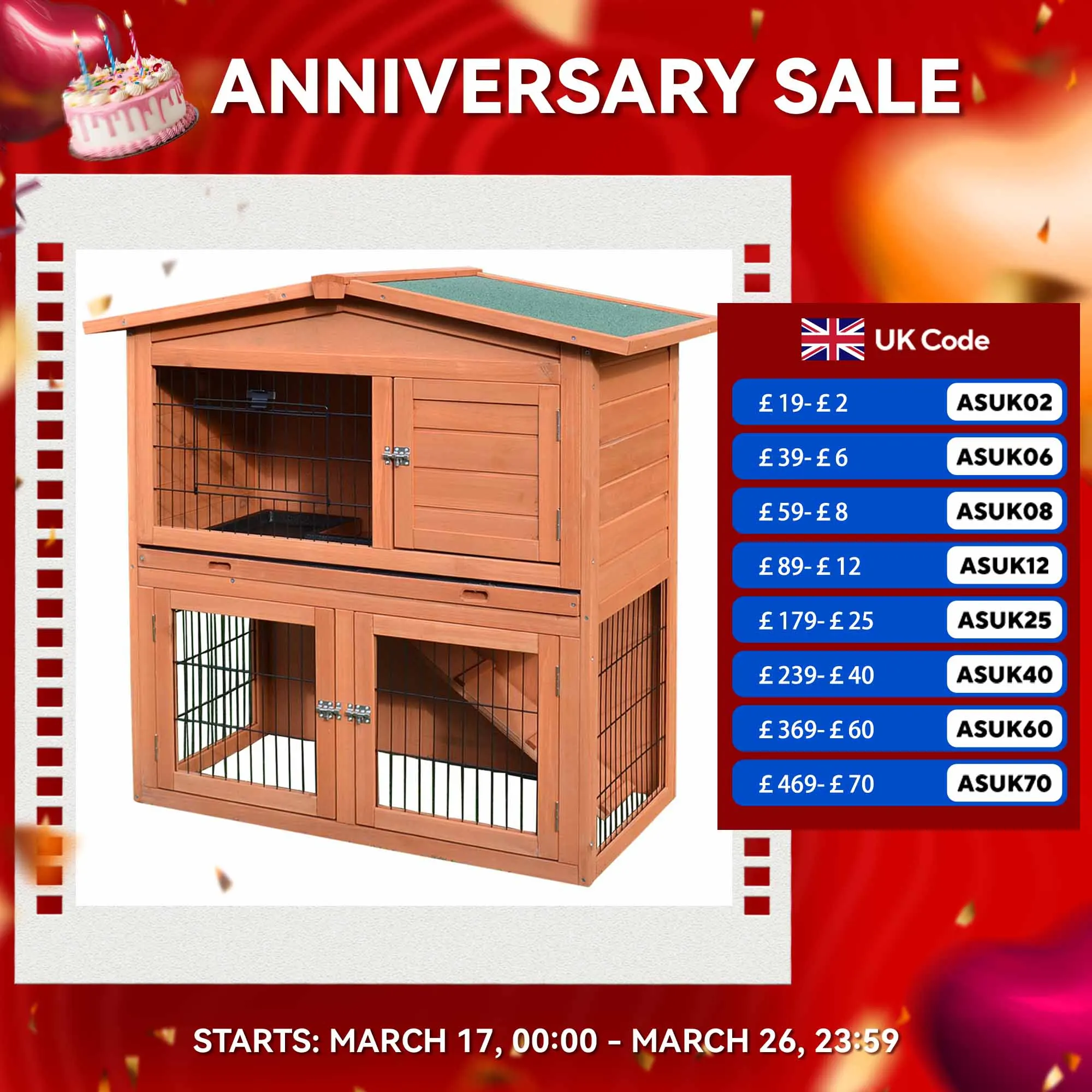 Pawhut 2 Tier Wooden Rabbit Hutch Guinea Pig Small Animal Cage 100.5x55x101 cm