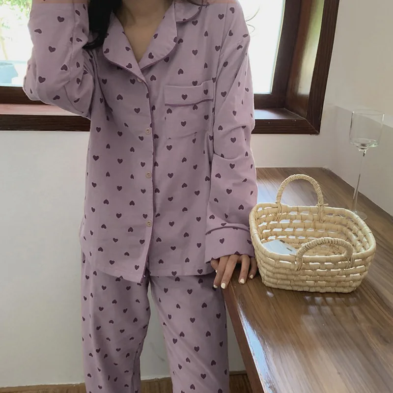 Women Pajamas Sets Spring Summer Autumn 2 Piece Heart Print Pyjama Pants Sleepwear Long Sleeve Buttons Pijama Mujer Pjs Homewear