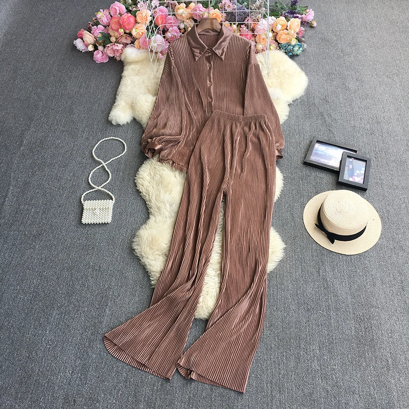 oversize blouses baggy pants Elegant pleated women 2 piece outfit 2024 new Two Piece Sets top and pants lounge fashion plus size