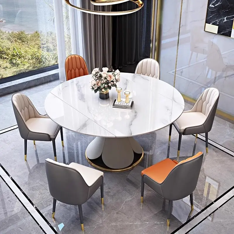 Minimalist Italian rock slab dining table and chair combination Modern simplicity is artistic, retractable and round lotus table