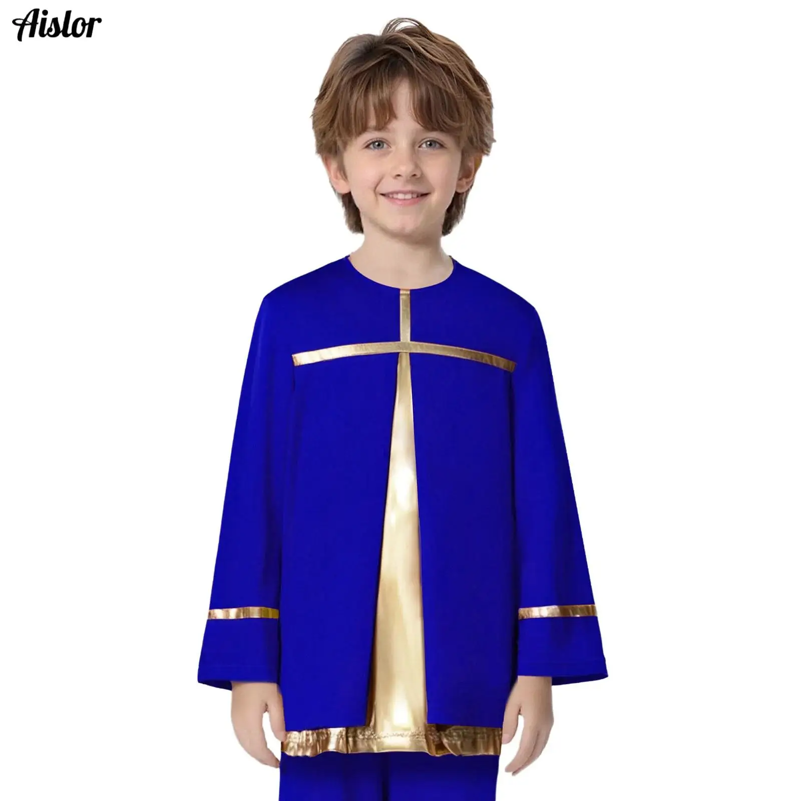 

Kids Boys Girls Liturgical Praise Dance Top Round Neck Long Sleeve Metallic Shiny Color Block Blouses Top Choir Church Dancewear