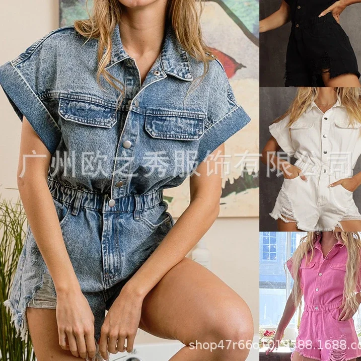 Rompers Women Jeans Playsuits Short Pants One Piece Single Breasted Y2k High Waist Hole Jumpsuits Streetwear Splice Overalls