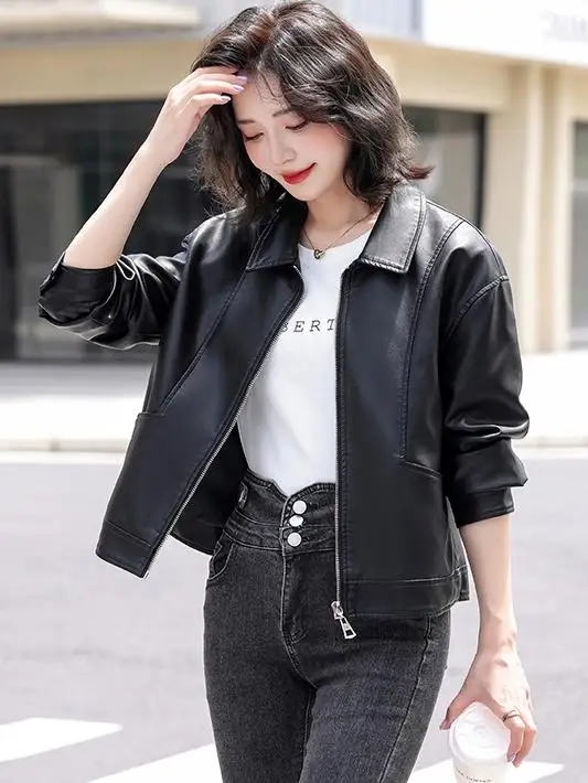 2025年春秋レディース オーバーサイズ ルーズ スリムカラー シープスキンレザージャケット 大きいサイズ アウター 通勤 スタイリッシュ ファッション