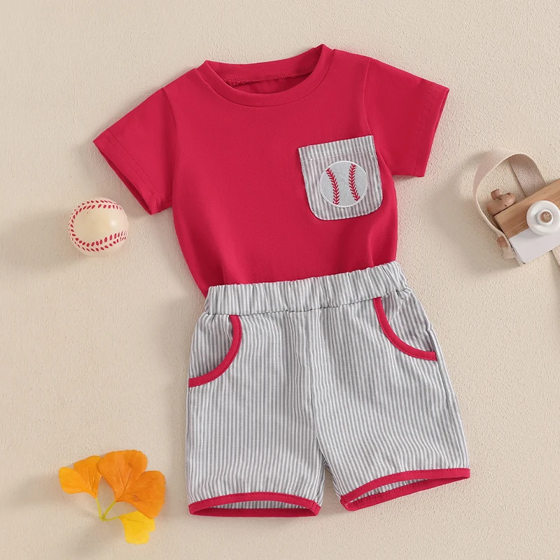 2024-12-17 Lioraitiin Toddler Boys Shorts Set Baseball Pocket Short Sleeve Round Neck Tops Elastic Waistband Striped Shorts