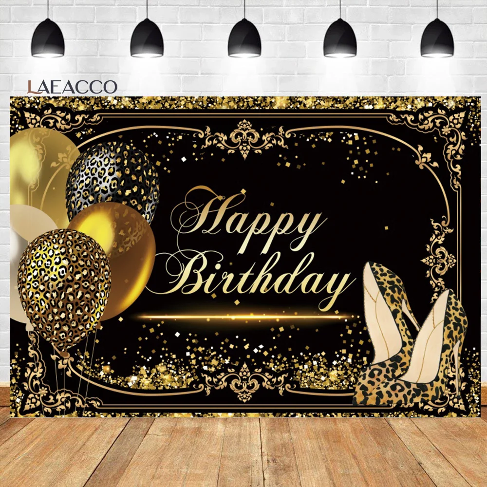 

Laeacco Women Birthday Backdrop Black and Gold Glitter Balloon Leopard Heels Girl Portrait Customized Photography Background