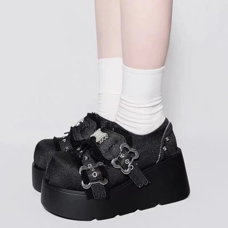 Punk Metal Chain Chunky Platform Ankle Boots Women 2024 Winter Y2K Thick Bottom Denim Boots Woman Black Gothic Lolita Shoes