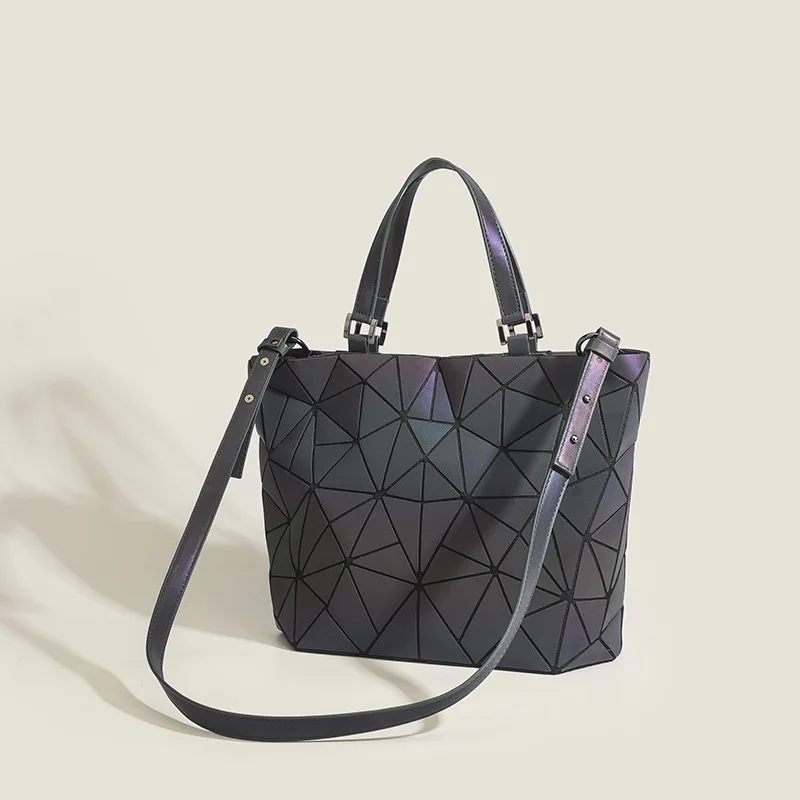 Fashion Women Geometric Handbag Laser Hologram Folded Shoulder Tote Bucket Luminous Bag Geometry Luxury Leather Brand Designer