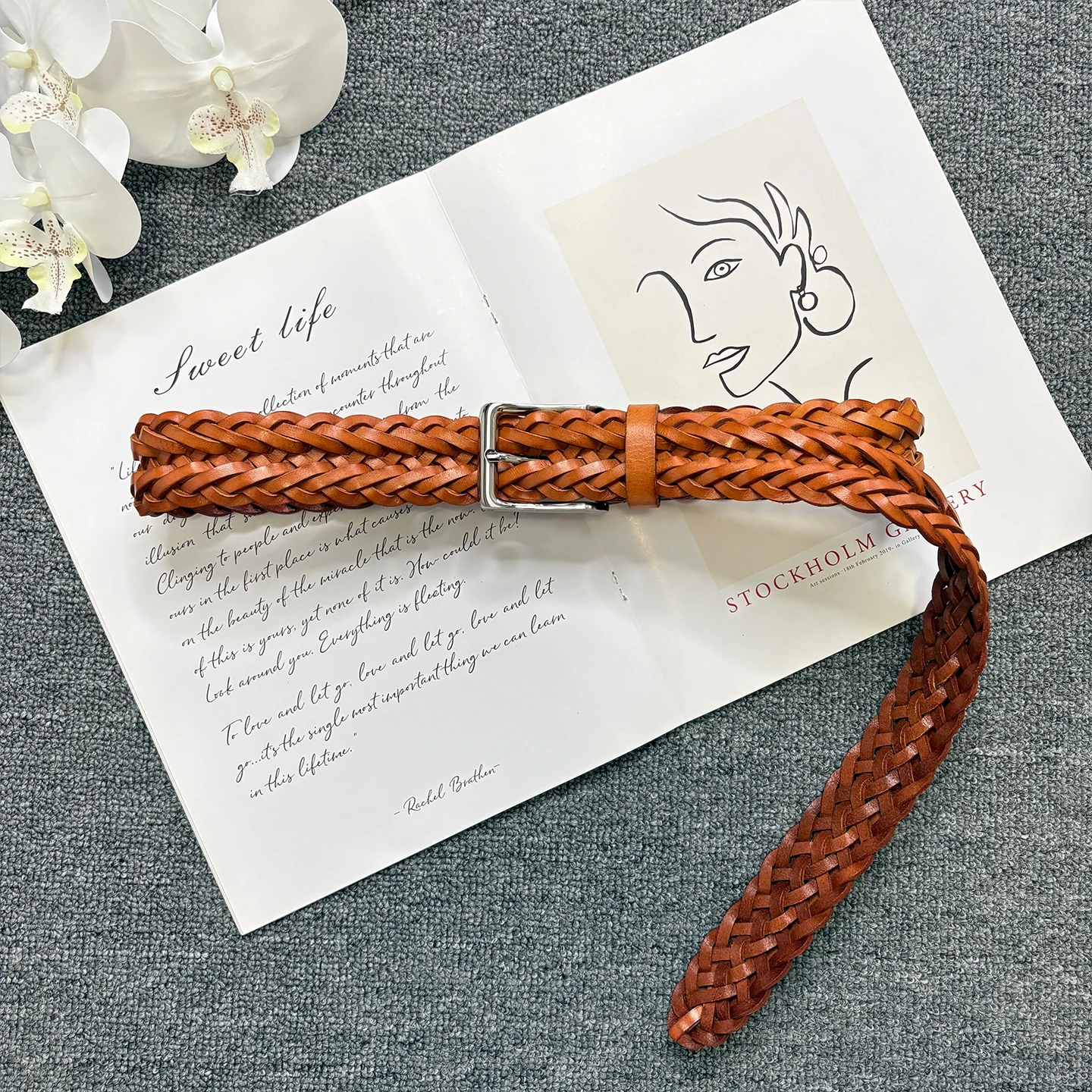 Vegetable-tanned first-layer cowhide woven belt, extended length, adjustable with a knot, female needle buckle, genuine leather