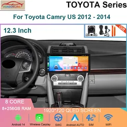 Android 14 12.3 INCH Car Radio For Toyota Camry US 2012 - 2014 QLED Multimedia Video Player GPS Stereo CarPlay 4G Head Unit