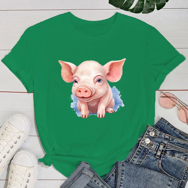 (Premium T-shirt)Pink Pig Print T Shirt Fans Summer Casual Short Sleeve Tee Cute Loose T Shirts