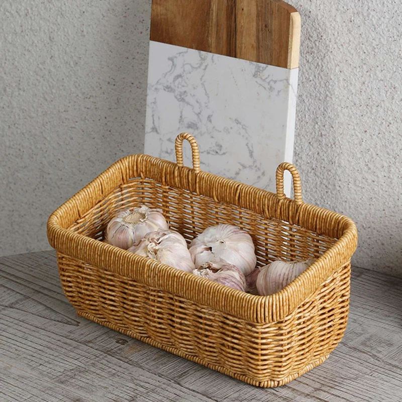 Woven Storage Basket Wall Hanging Portable Rattan Weaving Basket Flower Plant Pot Desktop Kitchen Vegetables Sundries Storage