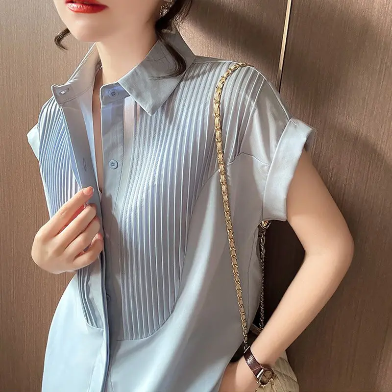 Summer Loose Casual Original Design Fashion Youthful Wind Short Sleeve Shirt High-end Elegant Fold Popular Lady Chiffon Shirt