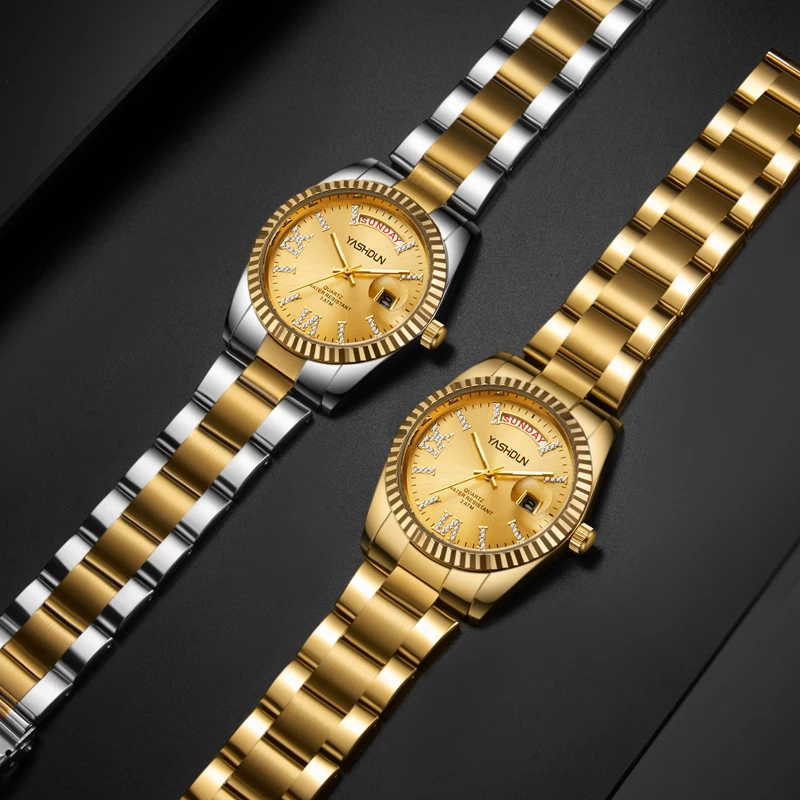 ساعة رجالي ماركة YASHIDUN باللون الذهبي مقاومة للماء كوارتز ساعة رجالية بتصميم مذكرات رومانية للرجال ساعة يد من الفولاذ المقاوم للصدأ