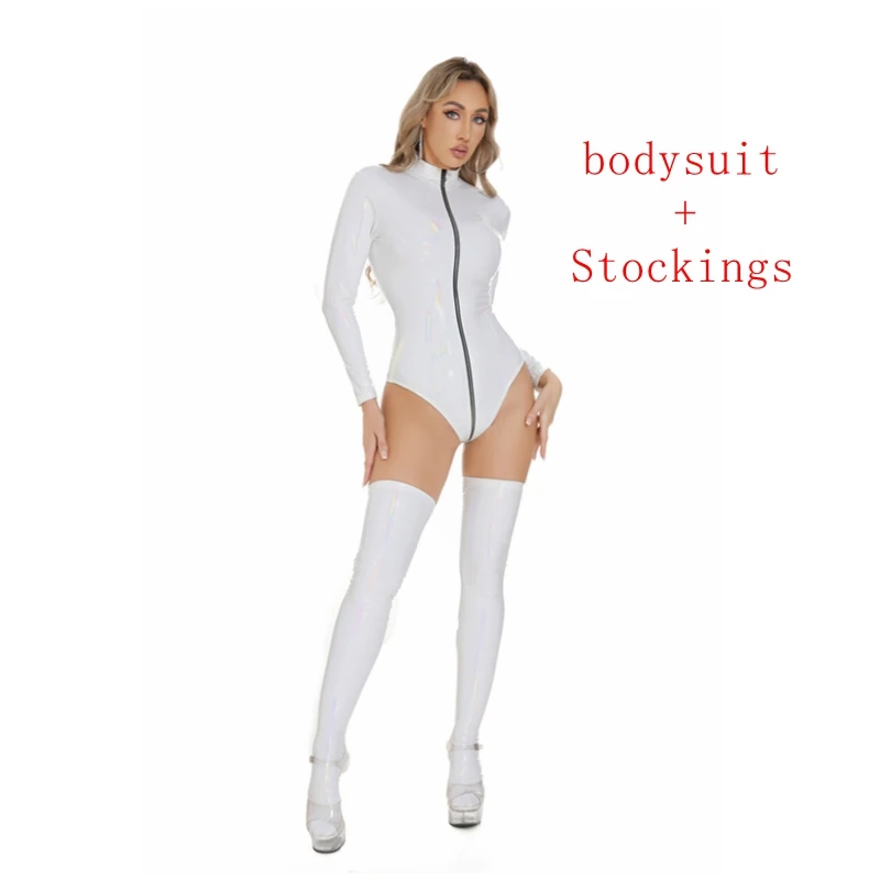 Women Zipper Latex Bodysuit Pink Shiny Leather Catsuit One-piece High-cut Bodycon Tights Jumpsuit Club Stage Pole Dance Suit