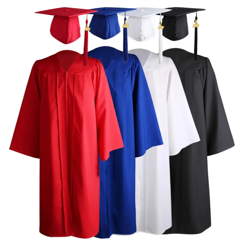 1 Set grazioso abito accademico tinta unita Costume accademico scollo a V 2023 uomo donna studenti laurea Costume puntelli fotografici