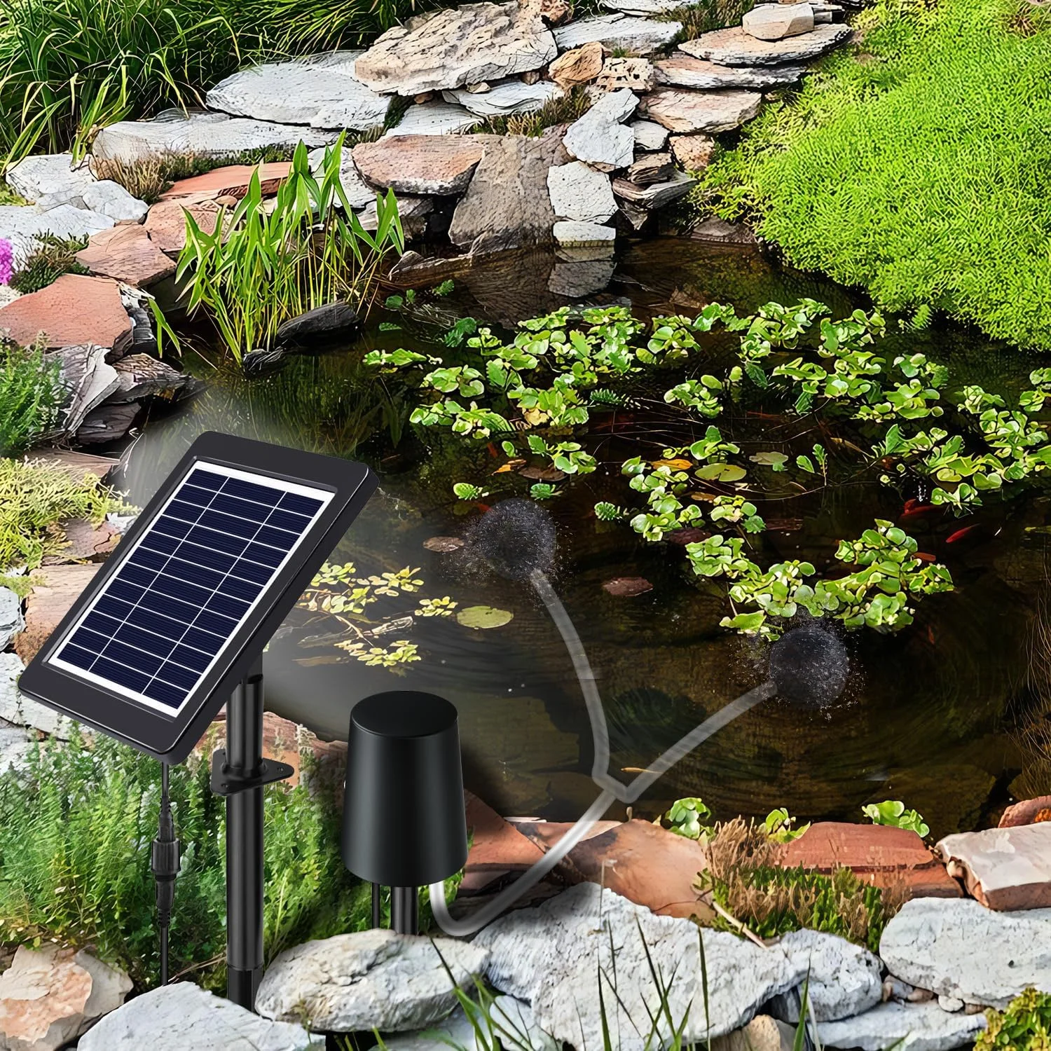

4W Solar Pond Aerator Air Pump Kit With Air Hose And Bubble Stones 3 Working Modes Bubble Oxygenator