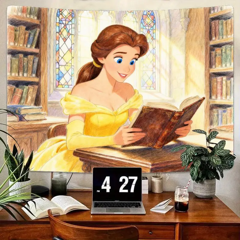 

1 шт., гобелен Disney Princess Belle для чтения, библиотека «Красавица и чудовище», желтое платье, настенное искусство для спальни, гостиной, декора Gif