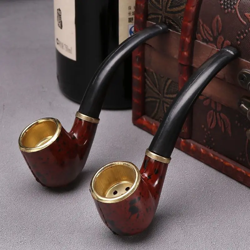 New Imitation Wood Pipe Men\'s Classic Resin Pipe Old-Fashioned Dry Pipe Portable Copper Pot Bent Cigarette Pipe