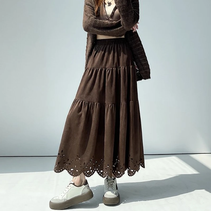 

Qiukichonson средней длины, женская замшевая юбка, осень-зима 2022, корейские винтажные плиссированные юбки с высокой талией и рюшами, rok