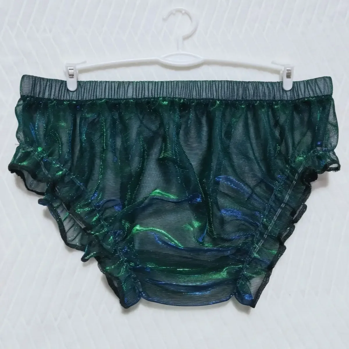 Calzoncillos de Organza holográfica rosa con láser transparente para hombre, bragas transparentes con volantes sexis para mujer, disfraces de fiesta privada FKK para parejas BF