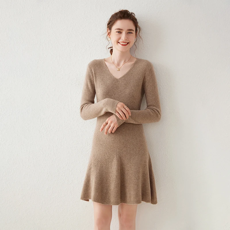 Autumn Winter Women Dress Short Dress Cashmere Knit Jumpers 2024 New Fashion Soft V-Neck Long Sleeve Female Above Knee Pullover