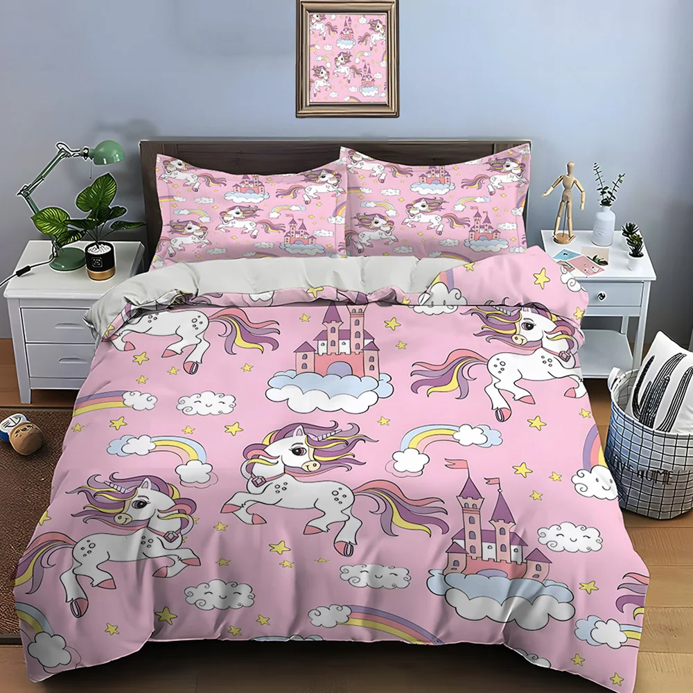 Magical unicorns and castle pink Print Bedding Set 1 Duvet Cover 2 Pillowcases for Adult and Children Luxury Gift Full Size