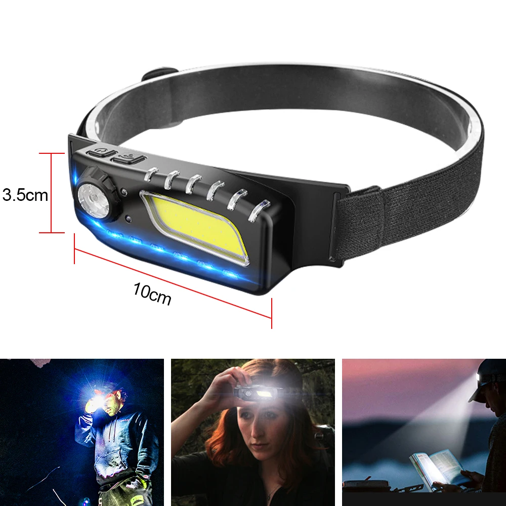 LED Sensor Headlamp Outdoor COB Induction Headlight Three Light Source 8 Mode Rechargeable Camping Running Fishing Red Headlight