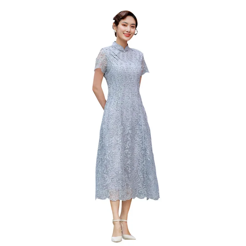 Retro lace women's summer and autumn clothing new temperament waist control midlength improved cheongsam dress