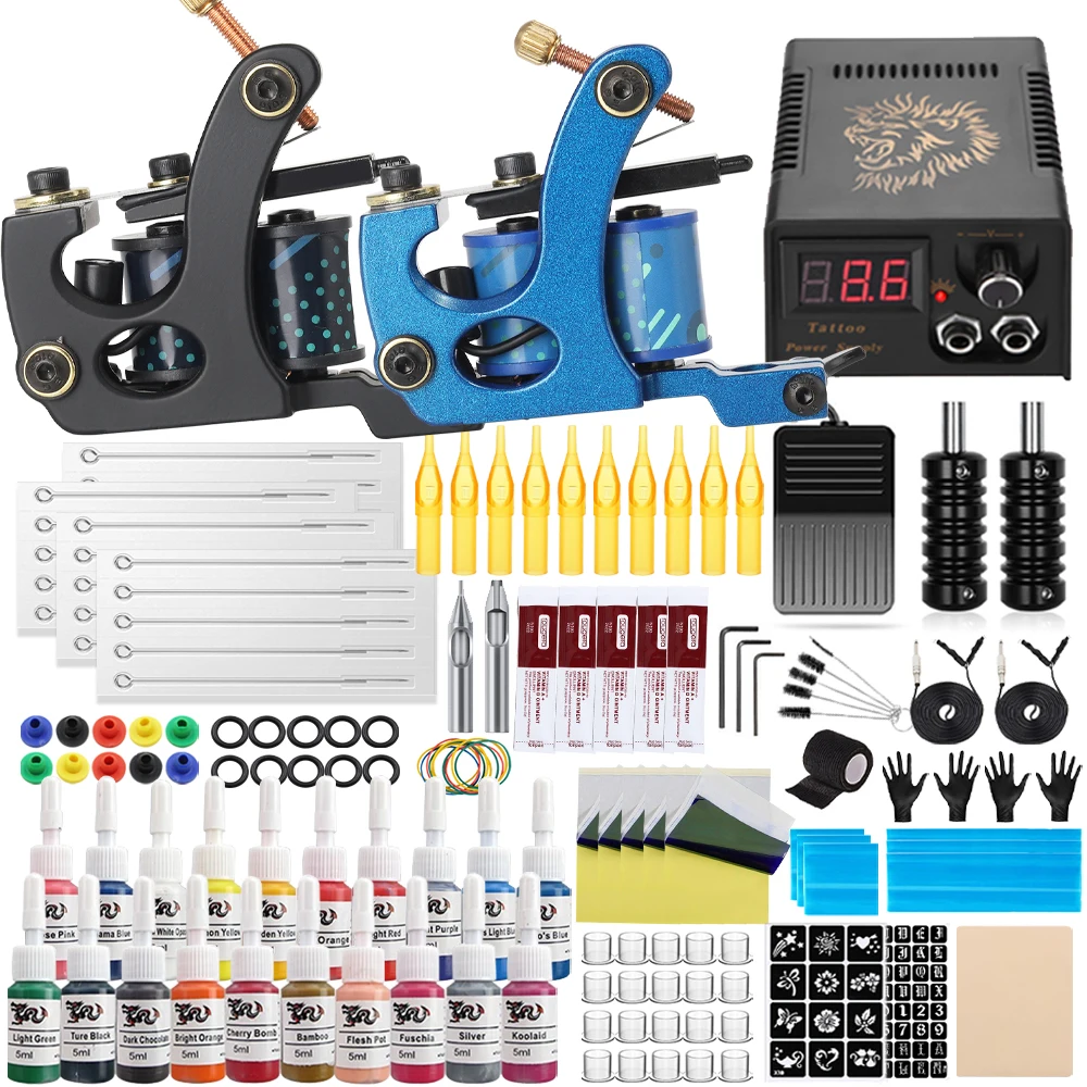 

Complete Coil Tattoo Kit 10 Wraps Liner Shader Gun Machine Power Supply Ink Tattoo Needle for Tattoo Beginner Supply Makeup Set