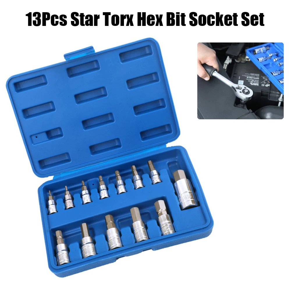 

13Pcs Star Torx Hex Bit Socket Set T8-T70 H2-H14,CRV Sockets 1/4inch,3/8inch & 1/2inch Drive For Hand Use Work