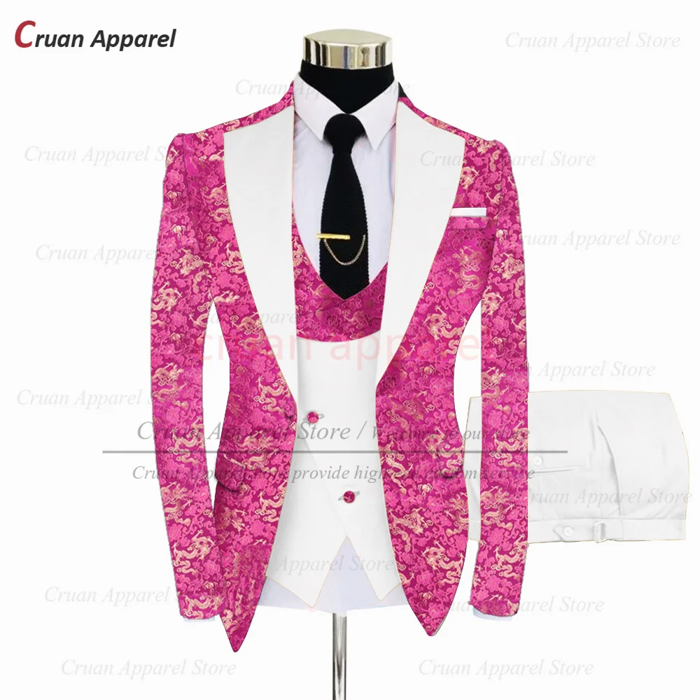 Fashion Red Suit Set For Men Wedding Party Groomsman Luxury Outfits Tailor-made Classic One Buttons Blazer Vest Pants 3 Pieces