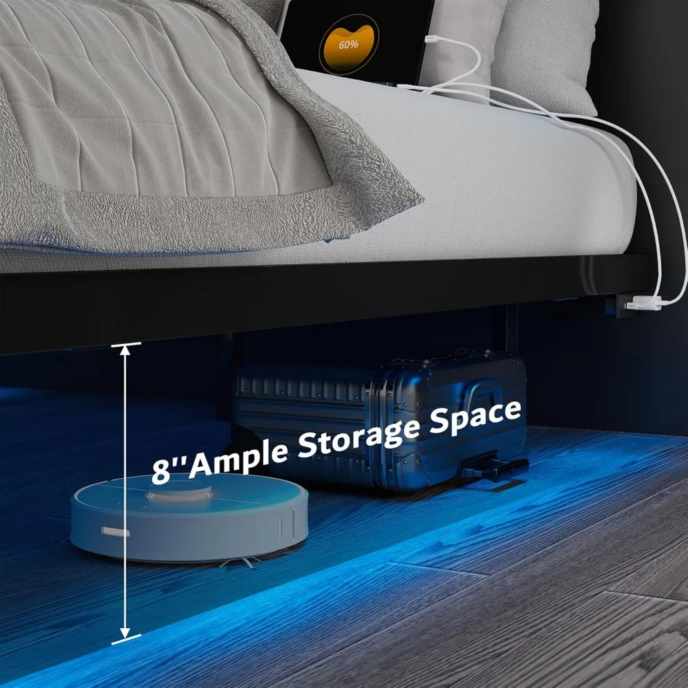 إطار سرير بمنصة معدنية بحجم كوين مع تصميم عائم ومحطة شحن وإضاءة LED