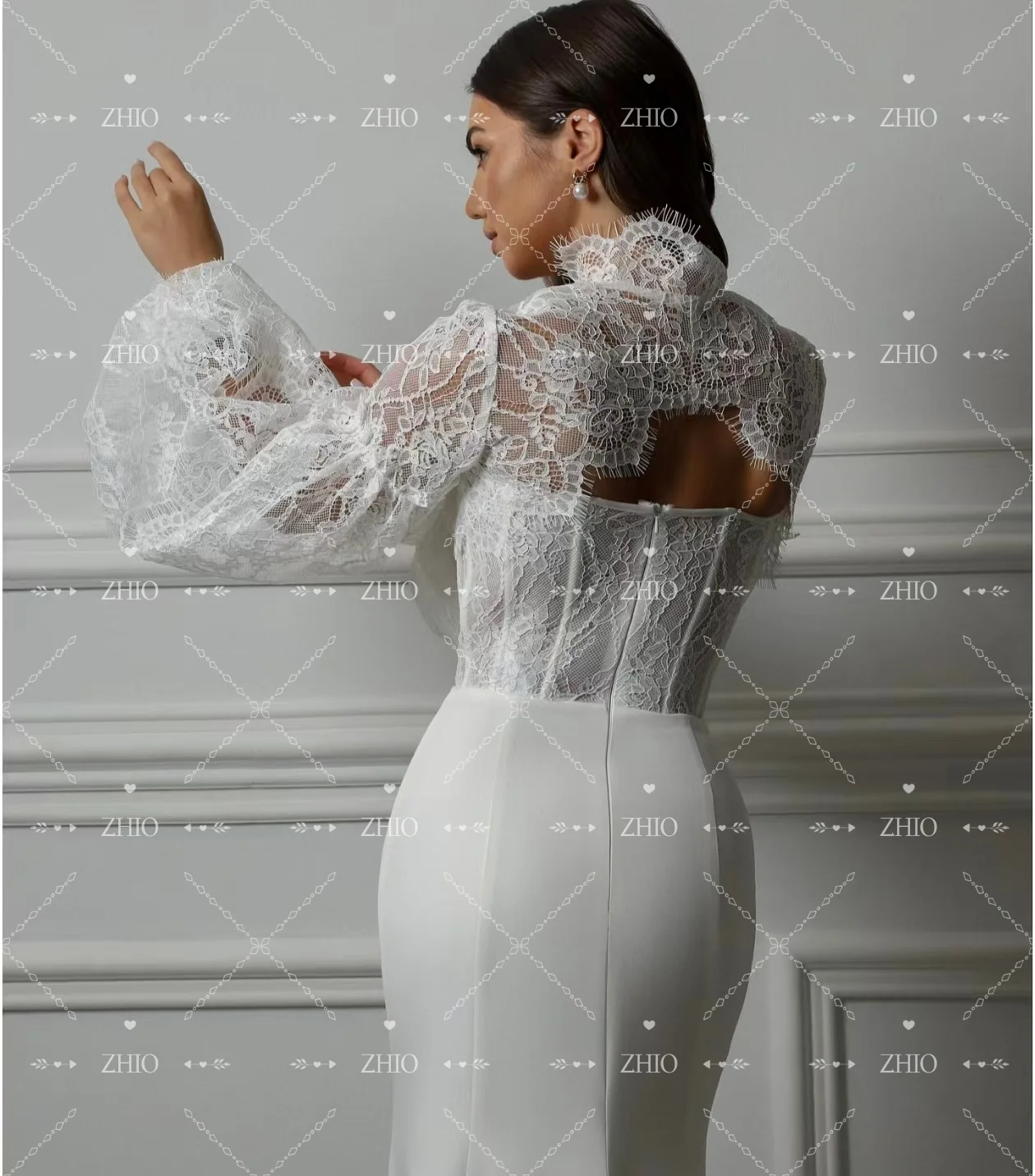 ZHIO فستان زفاف أنيق حورية البحر رقبة عالية دانتيل وأكمام طويلة مطوي جانبي فتحة عالية من الساتان فساتين سهرة فستان زفاف مخصص #4
