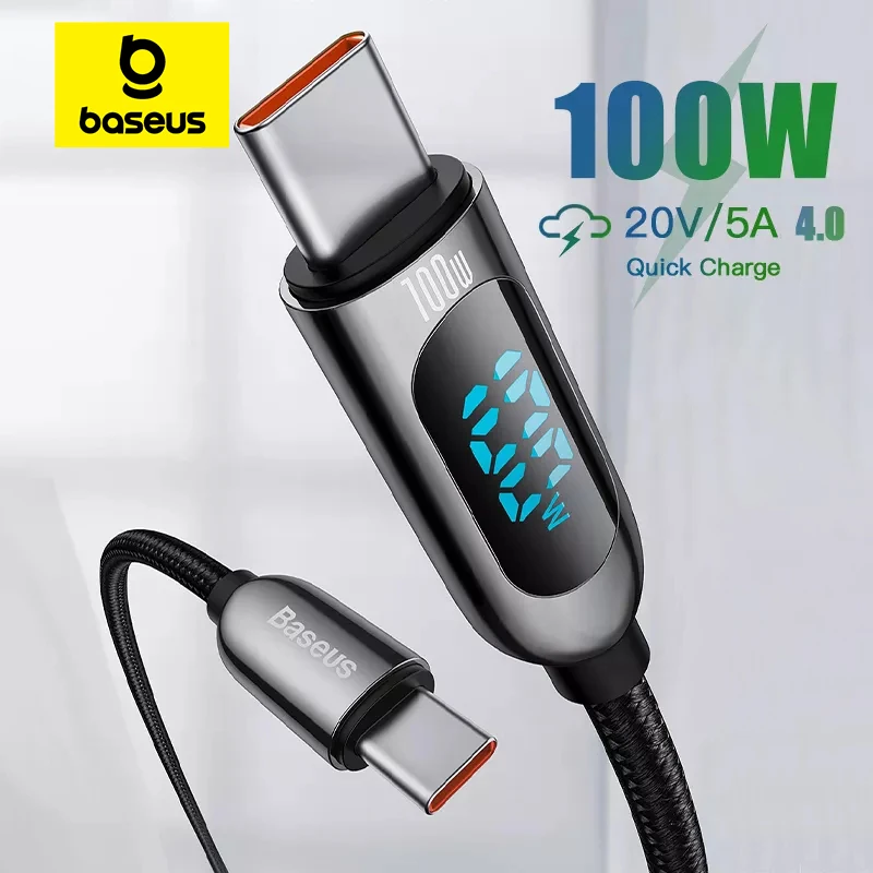 Baseus 디지털 디스플레이 USB C 타입-USB C 케이블, 아이폰 16 15 100W 고속 충전 충전기 와이어 코드, 맥북 샤오미 삼성용