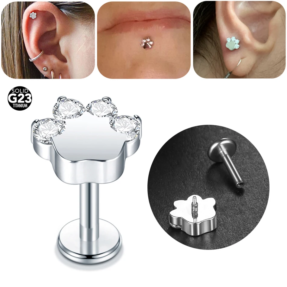 1PC Titanium 16G Blaze Paw Shape Labret Lip Stud Piercings Zircon Internally Thread Ear Cartilage Tragus Helix Piercings Jewelry