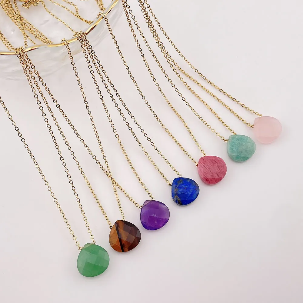 Korean Natural Crystal Pendant Necklace for Women Triangle Water Drop Real Amethysts Roses Quartz Steel Chain Crystal Necklace