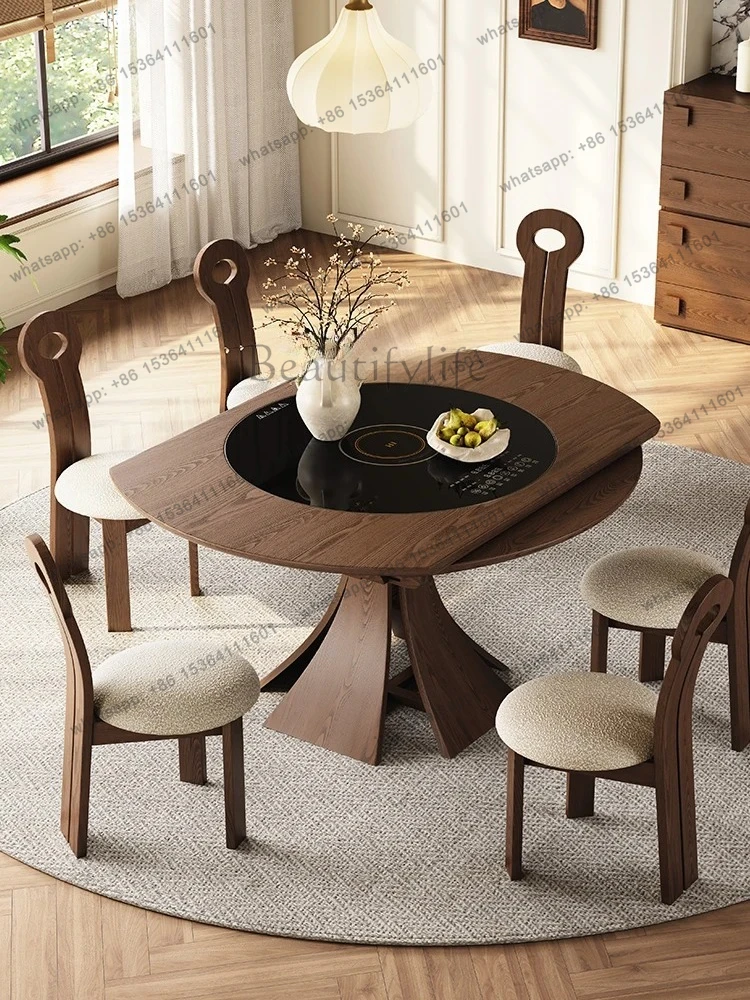 

Vintage Style Solid Wood Telescopic Modern Simple Built-in Induction Cooker Turntable Retro Household