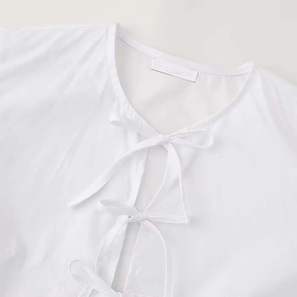 Blusa de renda bowknot plissada para meninas, tops femininos, camisas monocromáticas, cardigã com laço, manga longa, verão