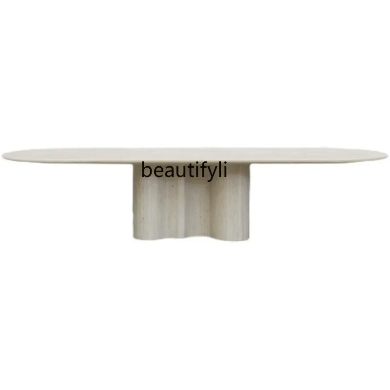 

Natural marble dining table oval medieval wabi sabi retro large apartment dining table