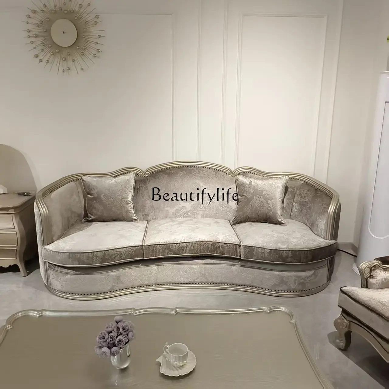 

yj9 New American retro solid wood fabric sofa French retro luxury villa