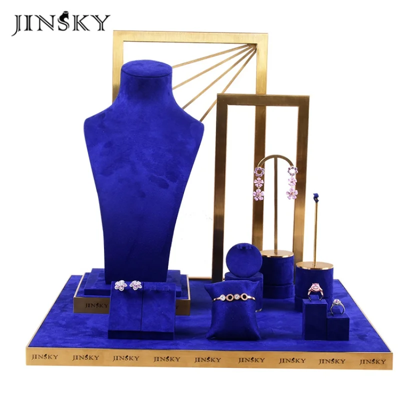 

Custom. jinsky golden metal luxury ring necklace earrings jewelry display for metal microfiber shop window jewelry display set