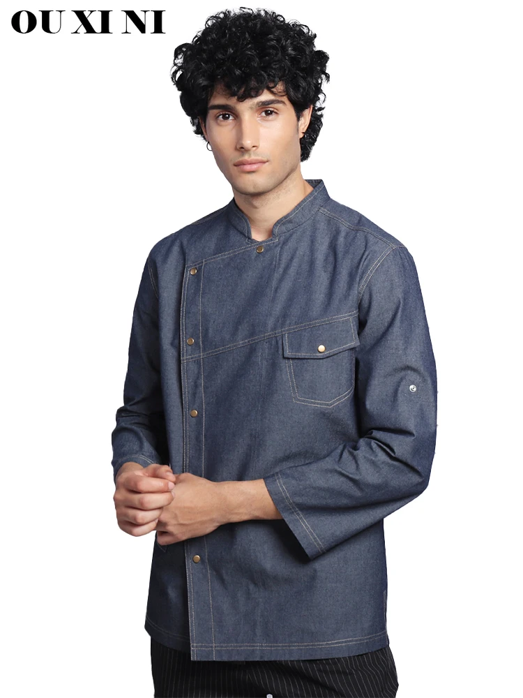 Cook Professional Uniform Grey Soft Denim Adjustable Sleeve Cooking Shirt High Quality Restaurant Workwear Kitchen Chef Jacket