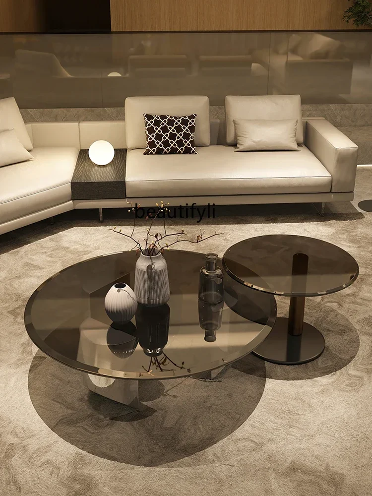 

Italian light luxury coffee table modern simple round tempered glass living room home low table