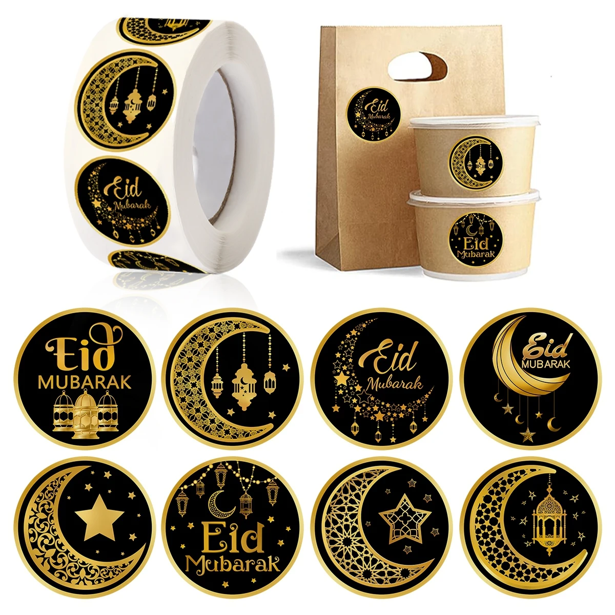 500pcs Eid Mubarak Stickers Black Gold Labels for Home 2025 Ramadan Kareem Islam Muslim Party Eid Al Adha Gifts Ramadan Mubarak