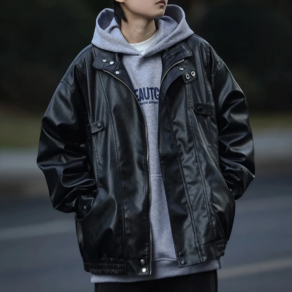 

Мужская куртка-бомбер из искусственной кожи в стиле ретро-авиатор, свободного кроя, с воротником-стойкой, для весны и осени, повседневная