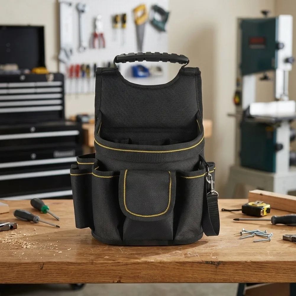 Tool Storage Pouch with Divider Multiple Pockets and Secure Flap Closure Designed for Ladder and Scaffold Work