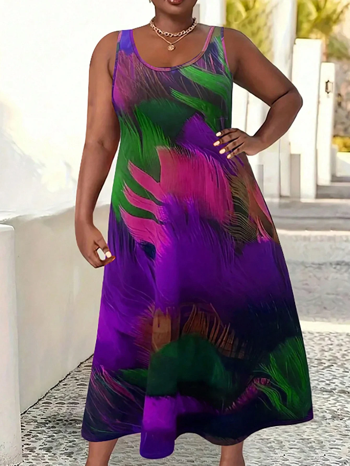 

Платье без рукавов с принтом перьев больших размеров, летнее, повседневное, элегантное