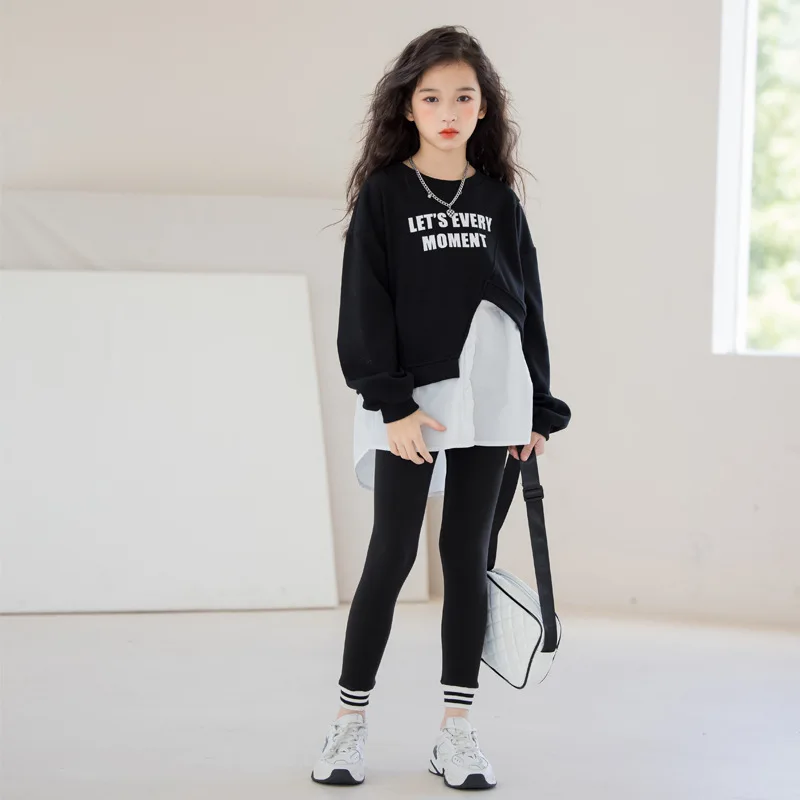 

Spring Autumn School Girl 2PCS Clothes Set Junior Girl Letter Printed Irregular Patchwork Sweatshirt+Straight Pants Set For Girl