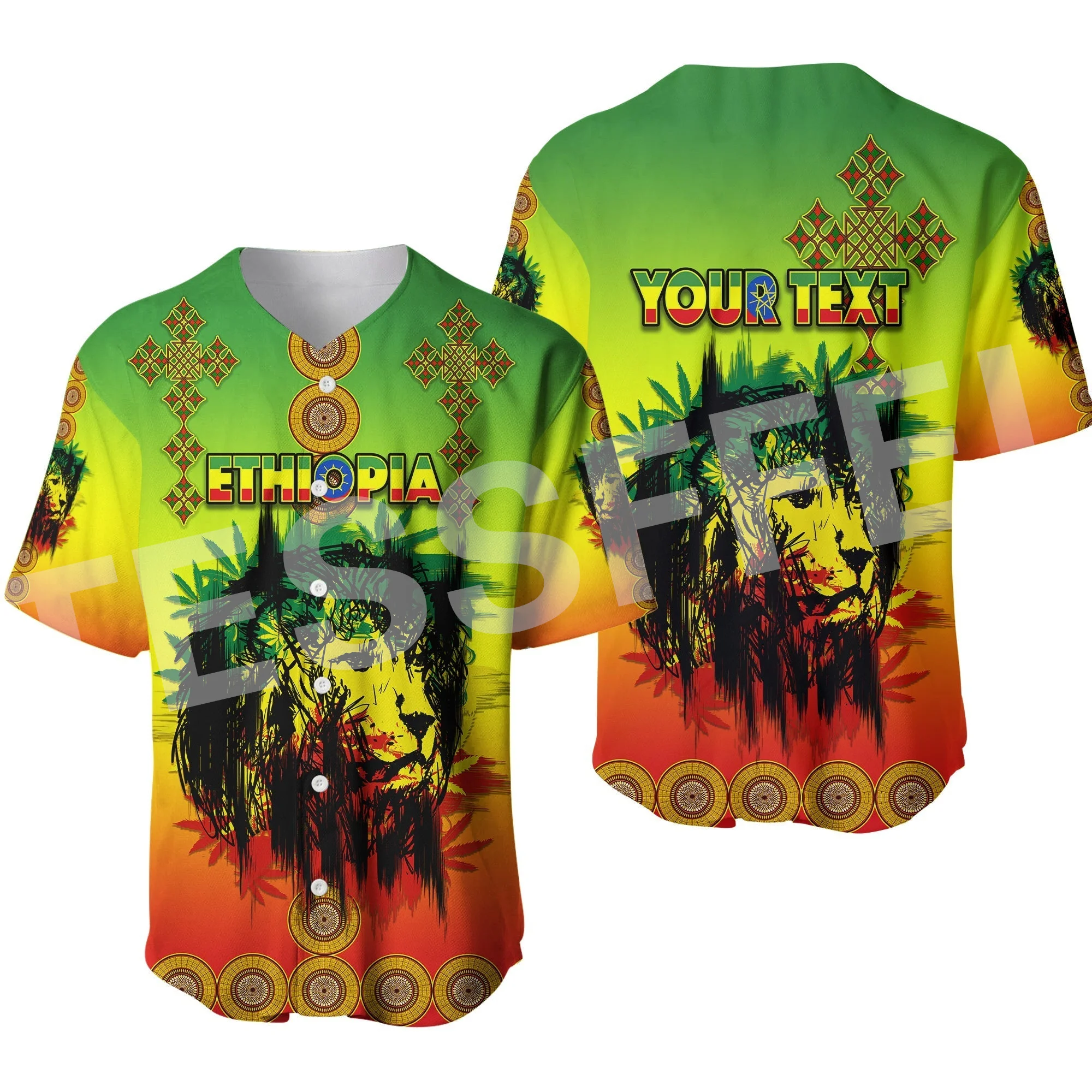 Africa County Flag Ethiopia Rasta Reggae Lion Tattoo 3DPrint Summer Harajuku Casual Funny Baseball Jersey Shirts Short Sleeves D