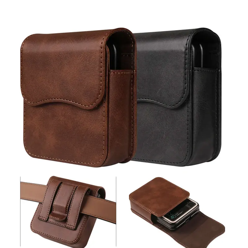 Belt Clip Holster Leather Pouch for Samsung Z Flip 3 Flip4 Flip5 Flip6 Universal Waist Bag Case Cover for Moto Razr 40/40ultra